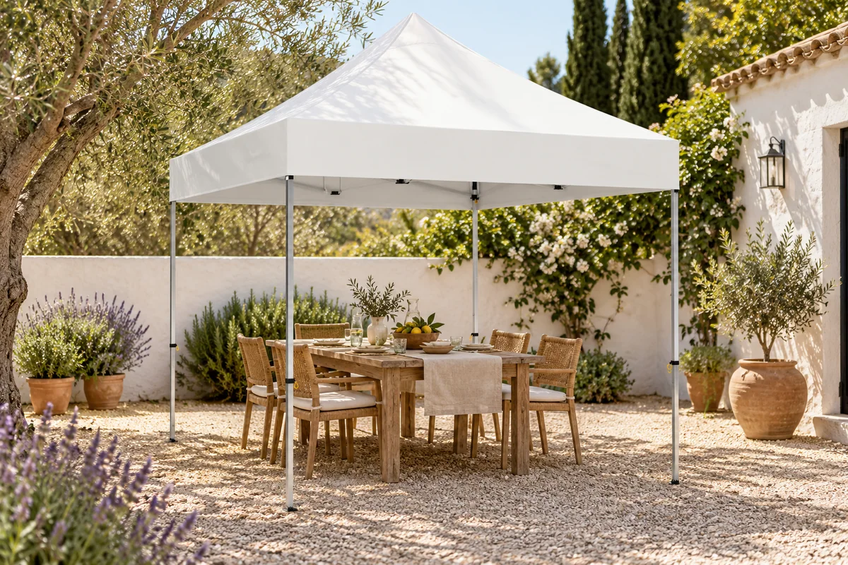 Carpa ECO de 3 × 3 m con techo blanco en un jardín preparado para una comida
