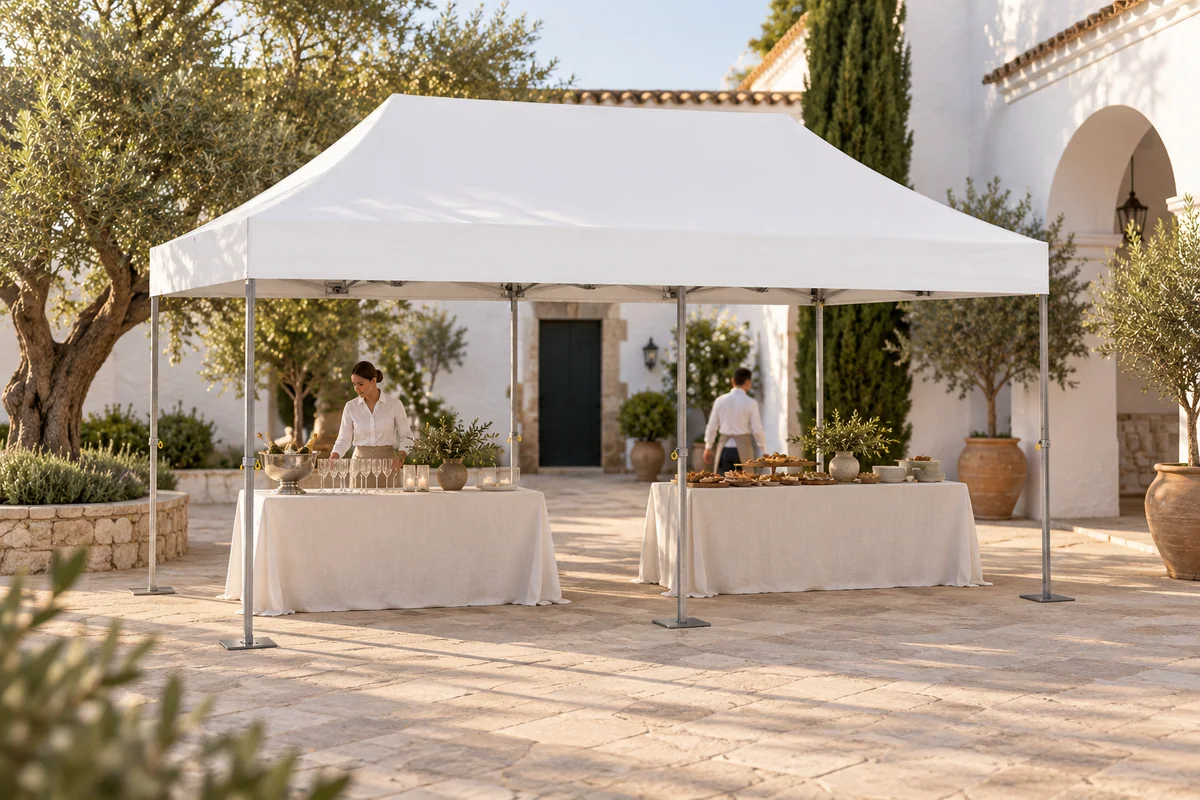 Carpa ELITE de 6 × 3 m y seis pilares con techo blanco en una recepción al aire libre