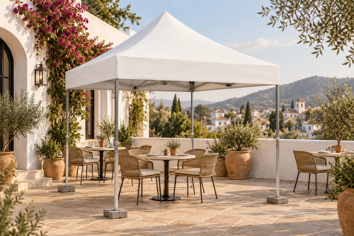 Carpa ELITE de 3 × 3 m con techo blanco en una terraza andaluza