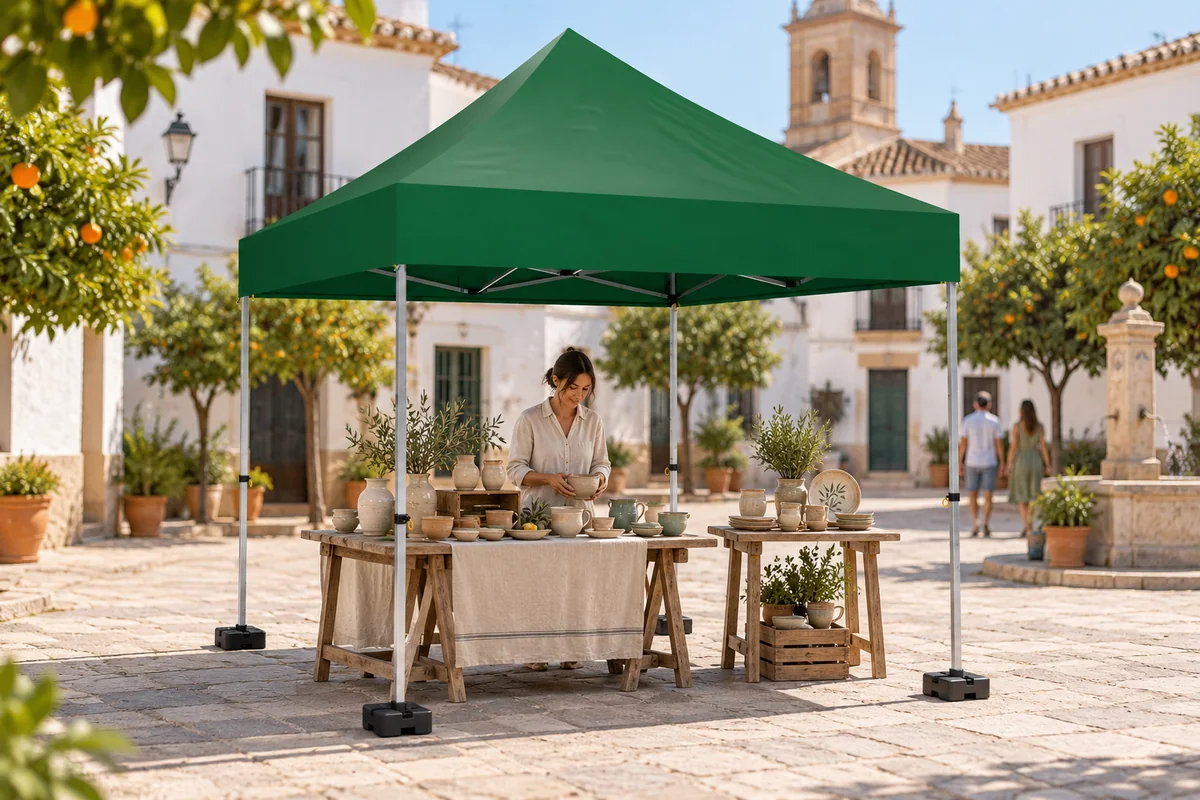 Carpa PLUS de 3 × 3 m con techo verde botella en un mercado artesanal