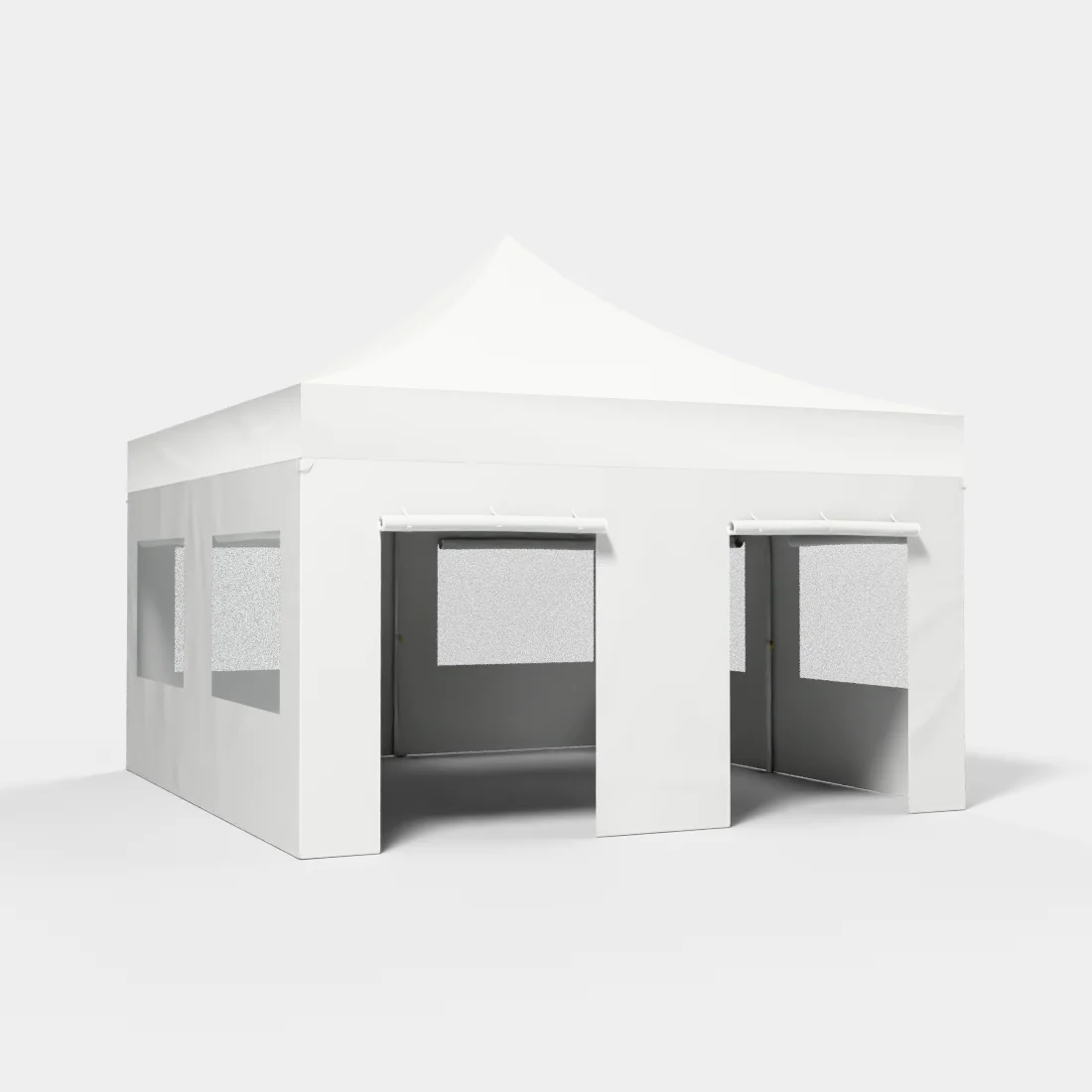 Carpa Plegable 5x5 m de 8 pilares, Gama ELITE 57mm, 3 laterales con ventanas y 1 lateral con puerta, PVC blanco
