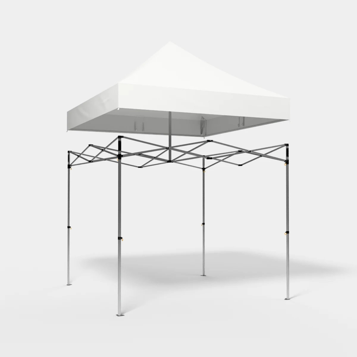 Vista 3D de una carpa PLUS 3 × 3 m: techo elevado para descubrir crucetas, uniones, patas telescópicas y placas de apoyo
