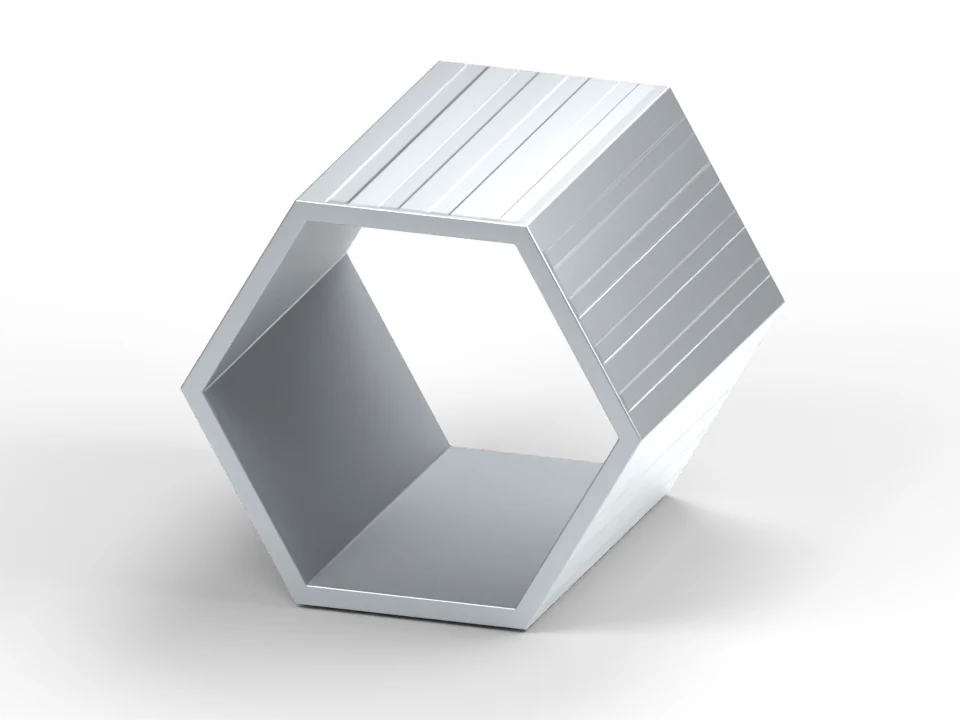 Perfil ELITE de 57 × 50 mm y pared de 2,5 mm, con ranurado exterior, corte continuo e interior liso; misma escala que ECO y PLUS