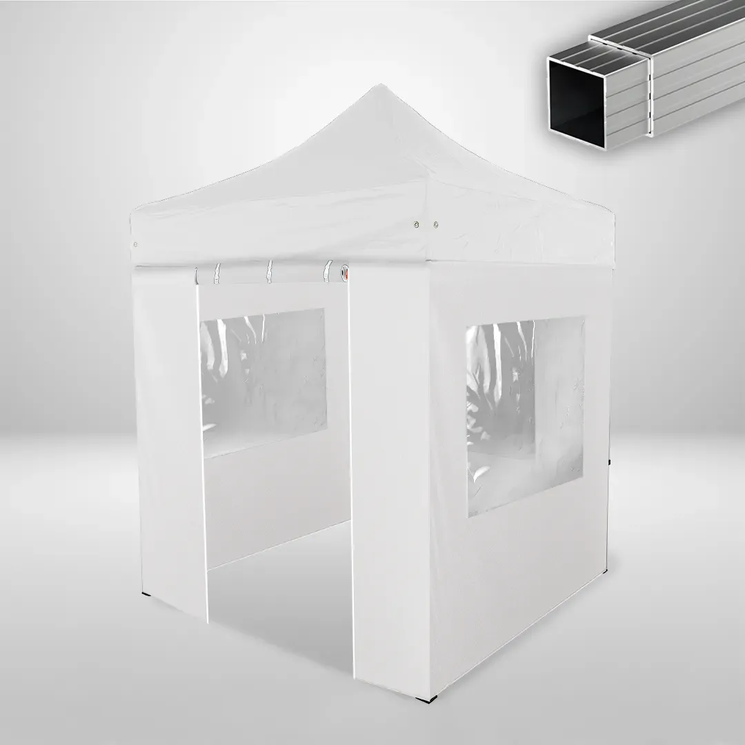 Carpa Plegable 2x2 m, Gama ECO 32mm, 3 laterales con ventanas y 1 lateral con puerta, blanco