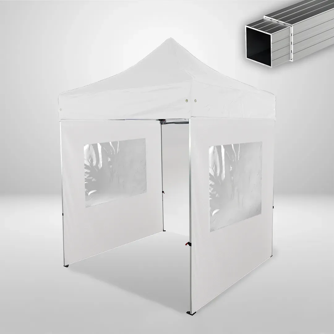 Carpa Plegable 2x2 m, Gama ECO 32mm, 1 lateral liso y 2 laterales con ventanas, blanco