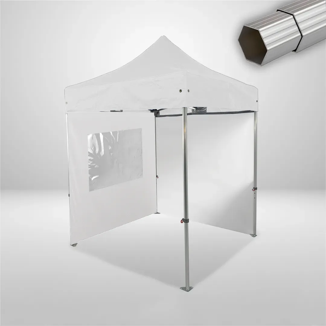Carpa Plegable 2x2 m, Gama ELITE 57mm, 1 lateral liso y 1 lateral con ventana, blanco