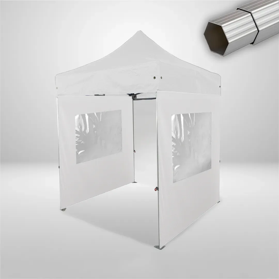 Carpa Plegable 2x2 m, Gama ELITE 57mm, 1 lateral liso y 2 laterales con ventanas, blanco