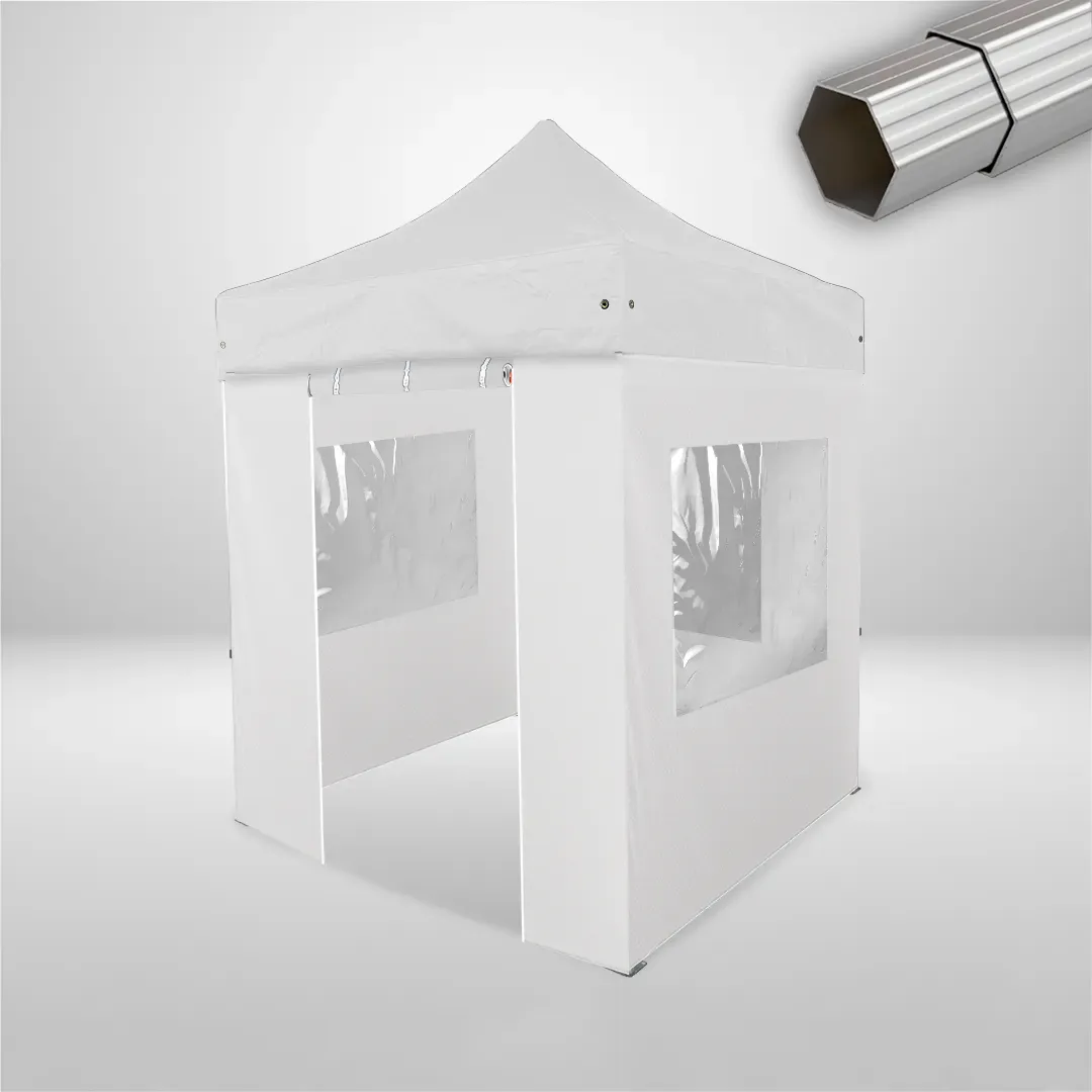 Carpa Plegable 2x2 m, Gama ELITE 57mm, 3 laterales con ventanas y 1 lateral con puerta, blanco