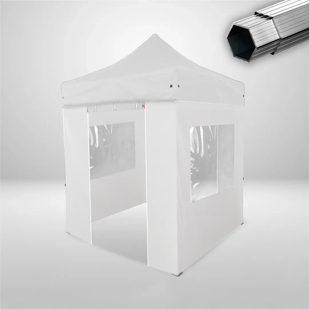 Carpa Plegable 2x2 m, Gama PLUS 45mm, 2 laterales con puerta y 2 laterales con ventanas, blanco