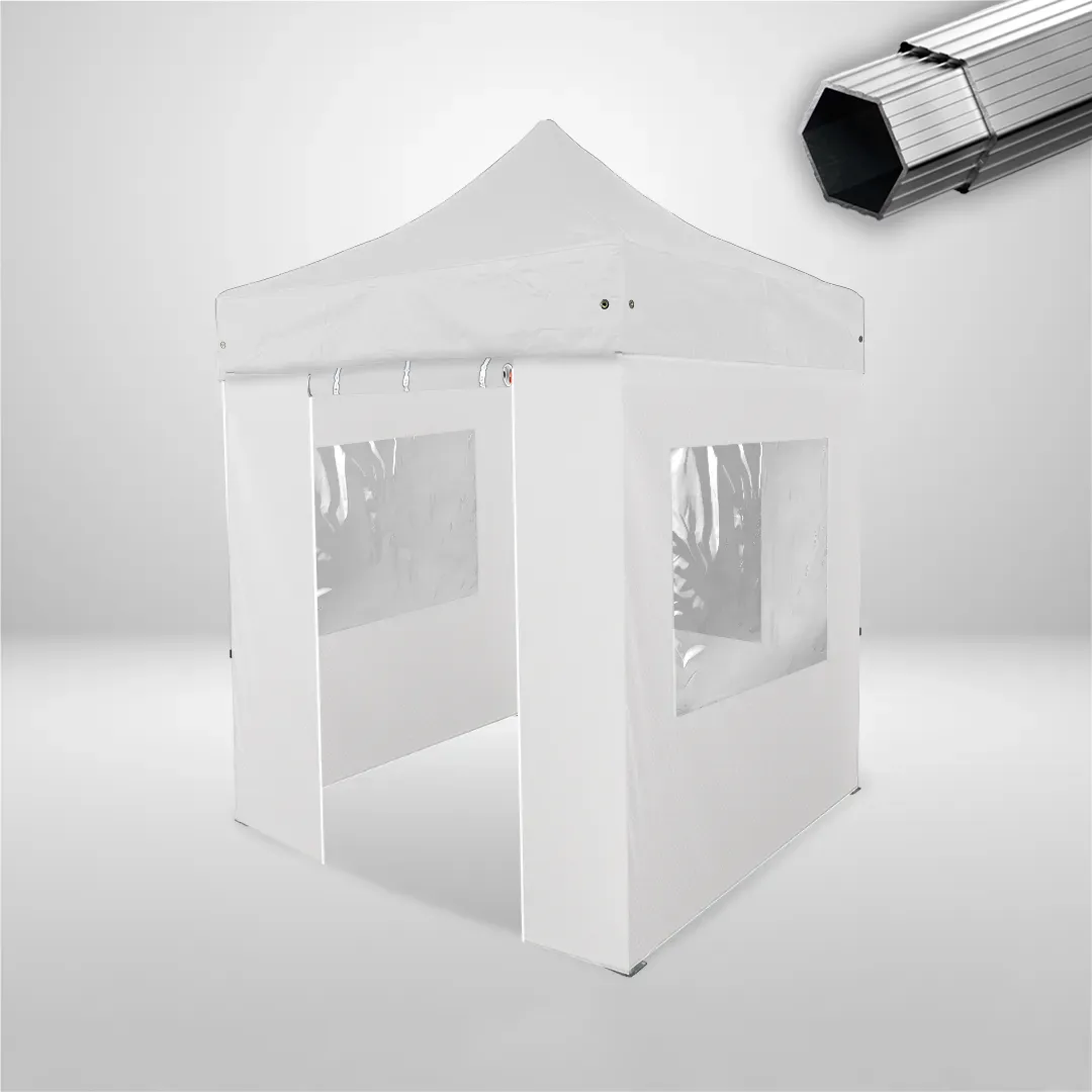 Carpa Plegable 2x2 m, Gama PLUS 45mm, 3 laterales con ventanas y 1 lateral con puerta, blanco