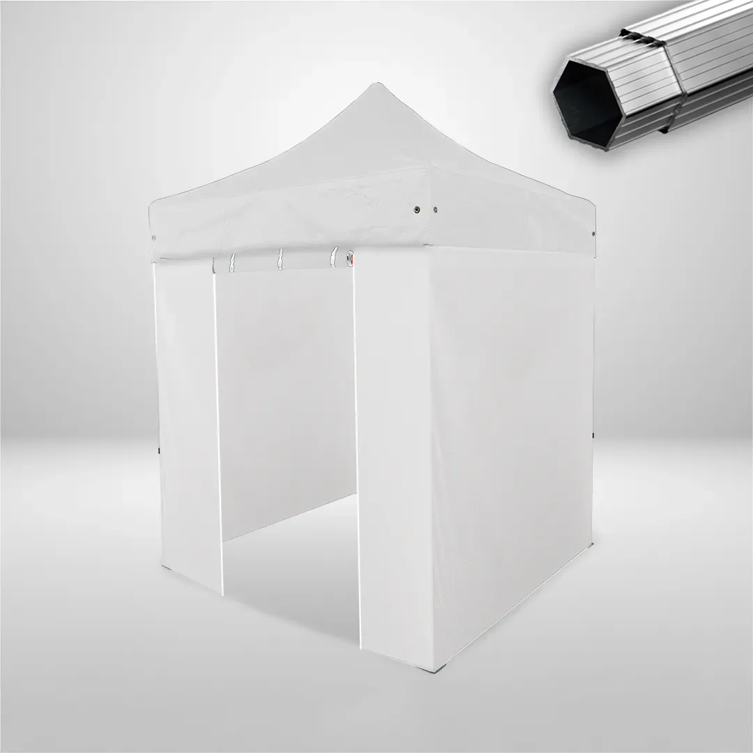 Carpa Plegable 2x2 m, Gama PLUS 45mm, 3 laterales lisos y 1 lateral con puerta, blanco