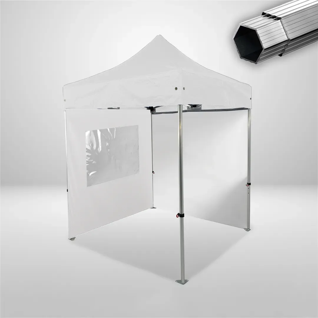 Carpa Plegable 2x2 m, Gama PLUS 45mm, 1 lateral liso y 1 lateral con ventana, blanco