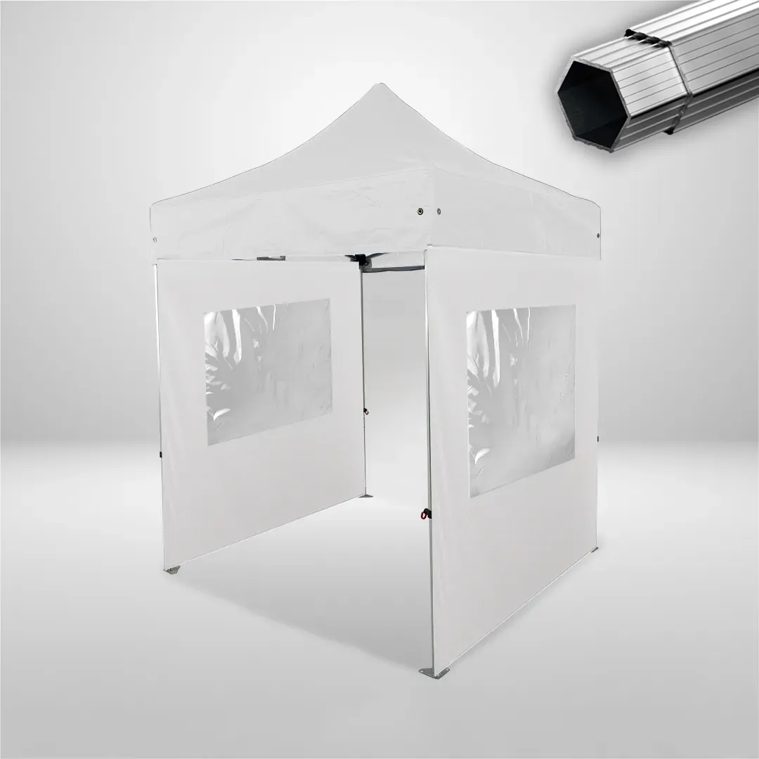 Carpa Plegable 2x2 m, Gama PLUS 45mm, 1 lateral liso y 2 laterales con ventanas, blanco