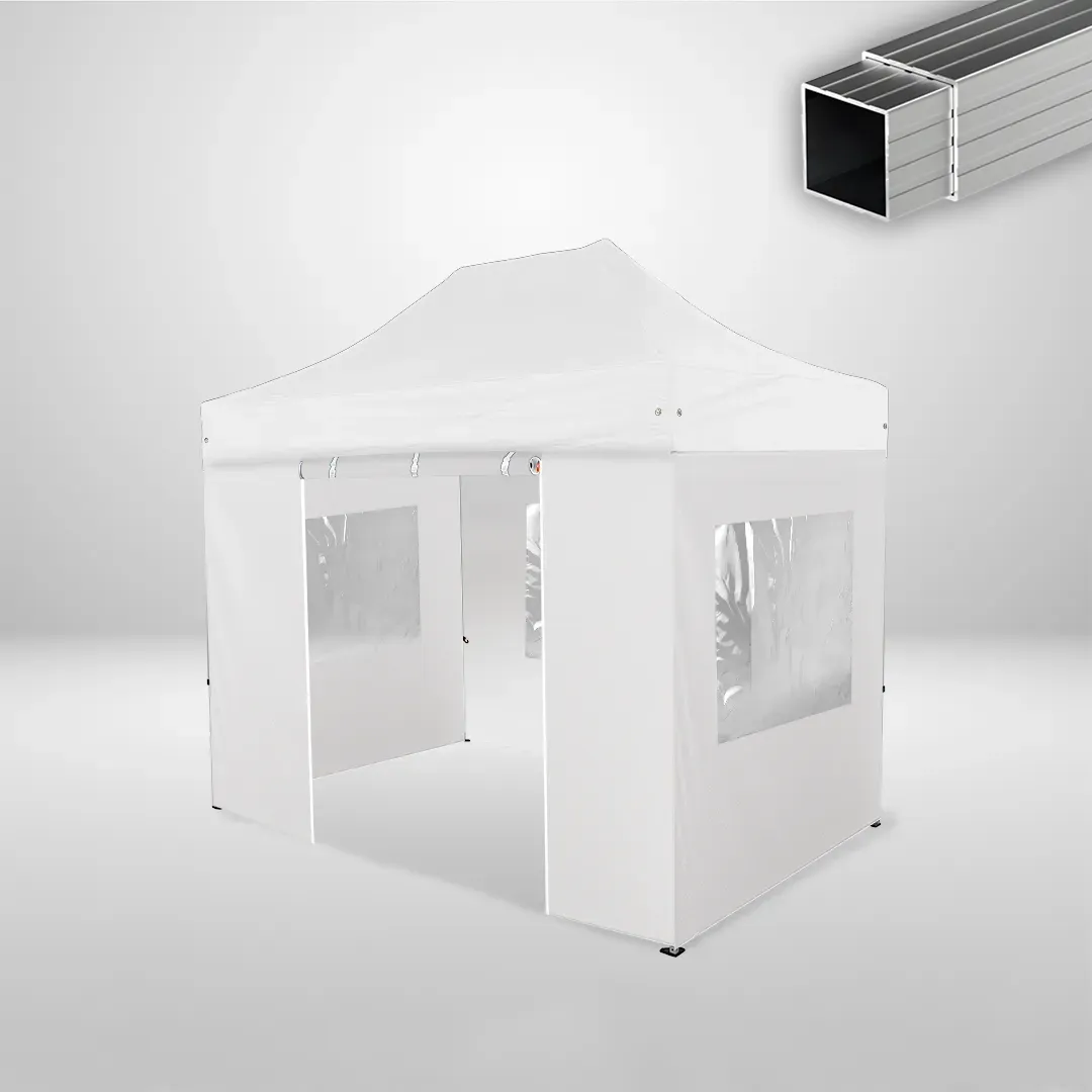 Carpa Plegable 3x2 m, Gama ECO 32mm, 3 laterales con ventanas y 1 lateral con puerta, blanco