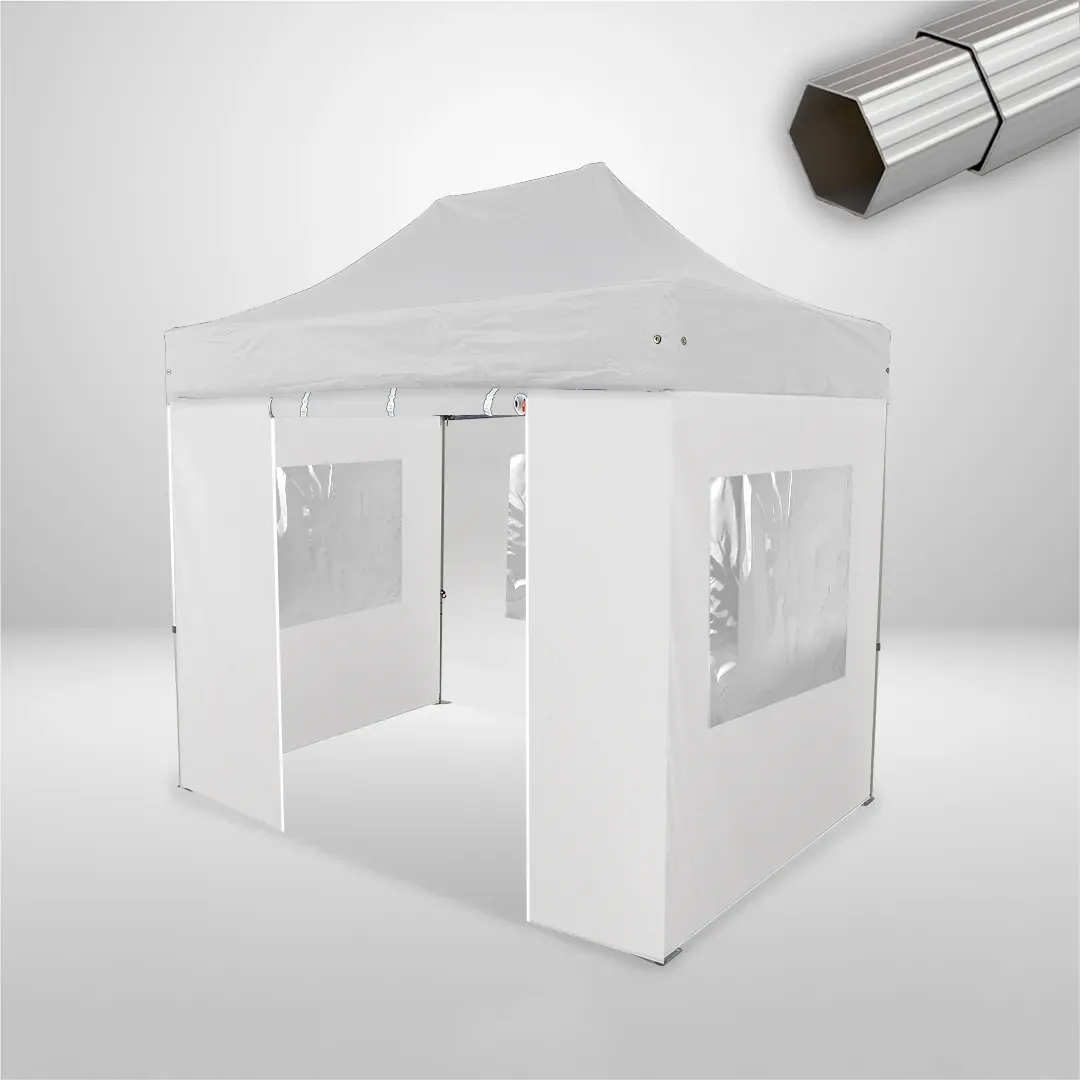 Carpa Plegable 3x2 m, Gama ELITE 57mm, 3 laterales con ventanas y 1 lateral con puerta, blanco