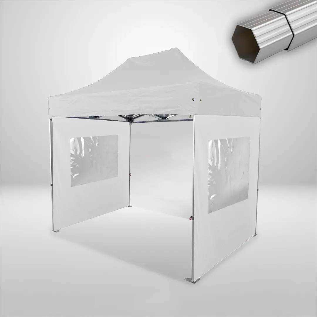 Carpa Plegable 3x2 m, Gama ELITE 57mm, 1 lateral liso y 2 laterales con ventanas, blanco