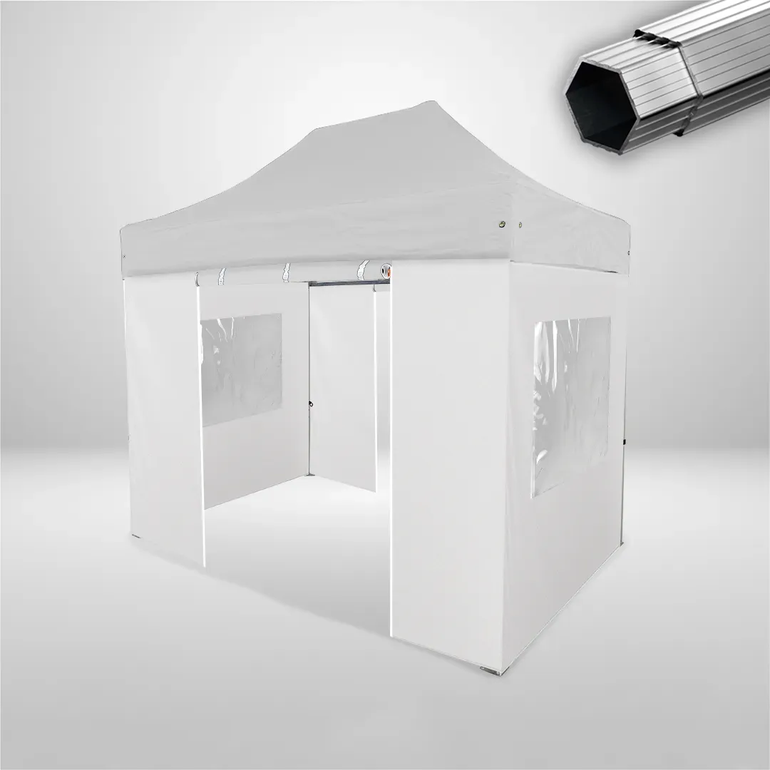 Carpa Plegable 3x2 m, Gama PLUS 45mm, 2 laterales con puerta y 2 laterales con ventanas, blanco