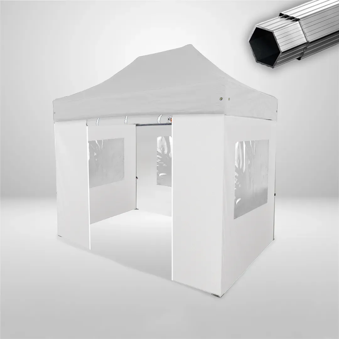 Carpa Plegable 3x2 m, Gama PLUS 45mm, 3 laterales con ventanas y 1 lateral con puerta, blanco