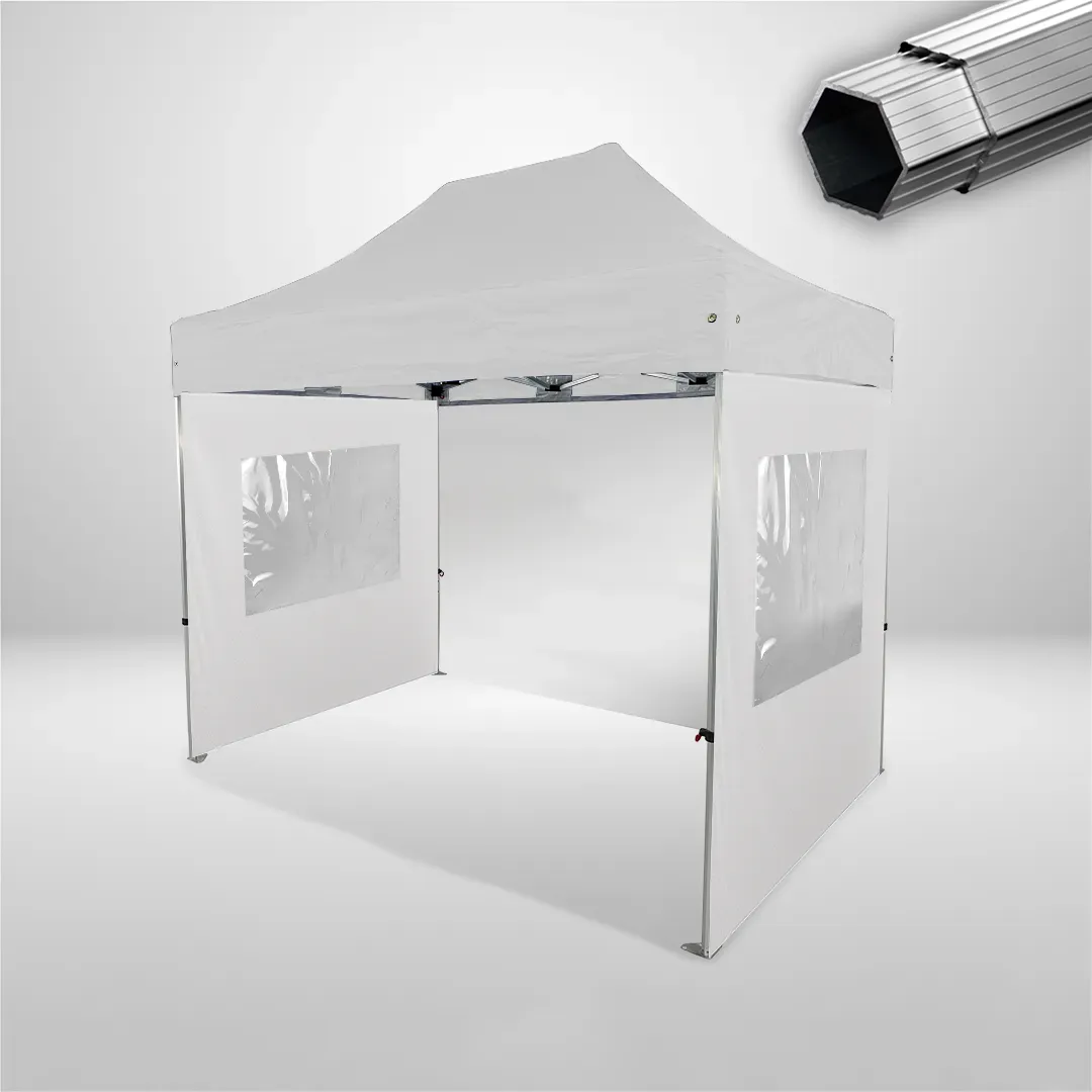 Carpa Plegable 3x2 m, Gama PLUS 45mm, 1 lateral liso y 2 laterales con ventanas, blanco
