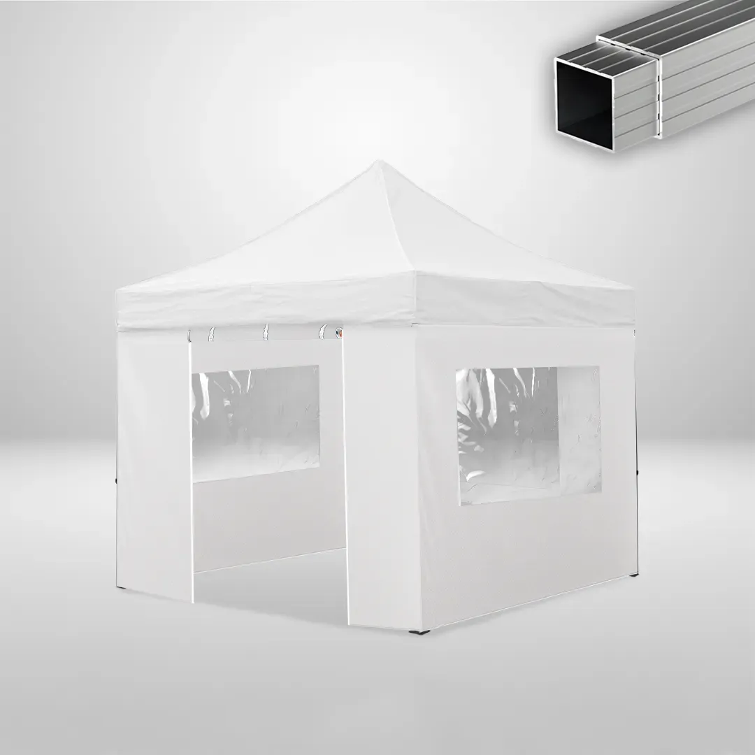 Carpa Plegable 3x3 m, Gama ECO 32mm, 3 laterales con ventanas y 1 lateral con puerta, blanco
