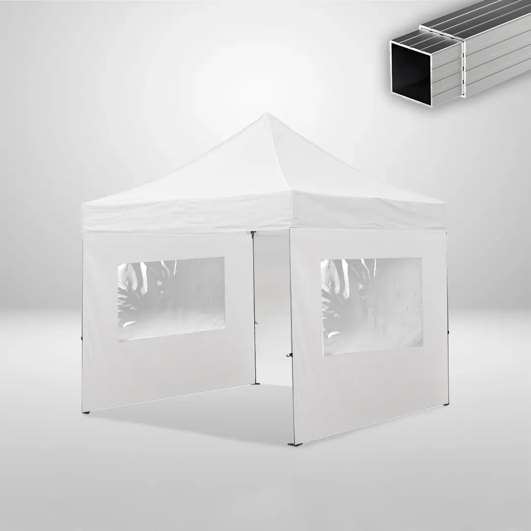 Carpa Plegable 3x3 m, Gama ECO 32mm, 1 lateral liso y 2 laterales con ventanas, blanco