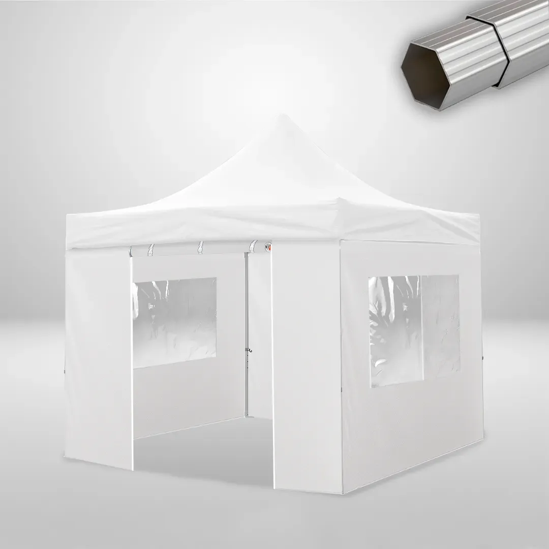 Carpa Plegable 3x3 m, Gama ELITE 57mm, 2 laterales con puerta y 2 laterales con ventanas, blanco