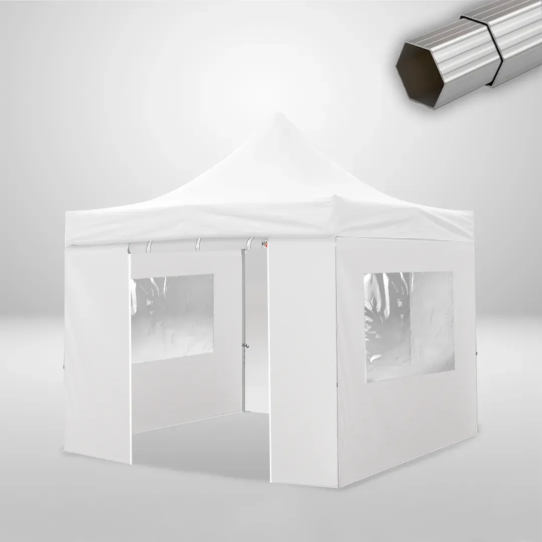 Carpa Plegable 3x3 m, Gama ELITE 57mm, 3 laterales con ventanas y 1 lateral con puerta, blanco