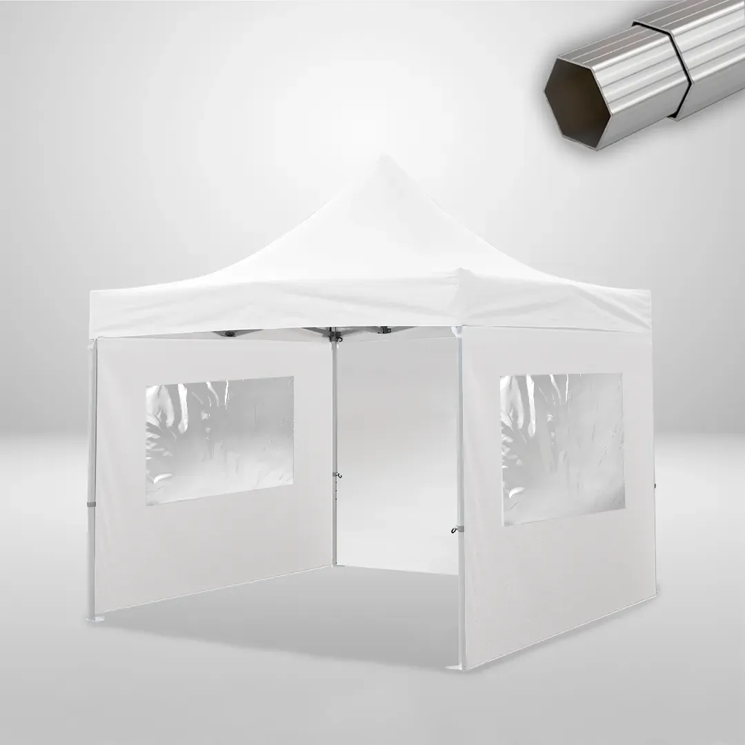 Carpa Plegable 3x3 m, Gama ELITE 57mm, 1 lateral liso y 2 laterales con ventanas, blanco
