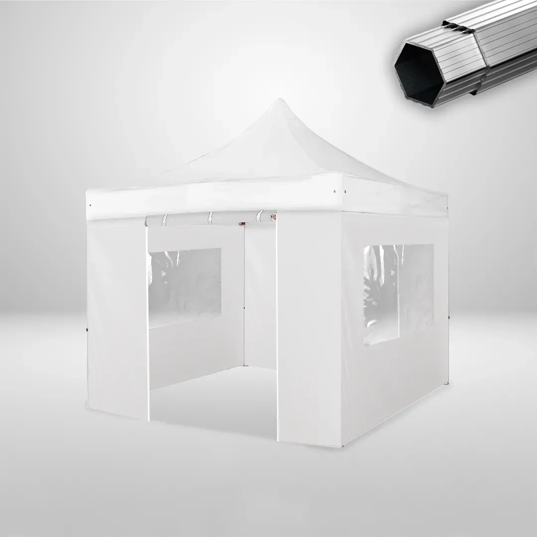 Carpa Plegable 3x3 m, Gama PLUS 45mm, 2 laterales con puerta y 2 laterales con ventanas, blanco