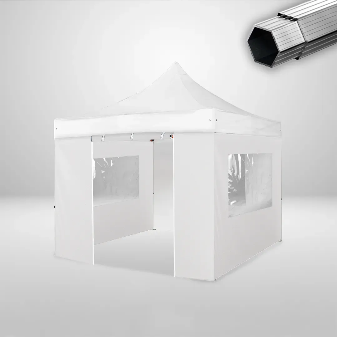 Carpa Plegable 3x3 m, Gama PLUS 45mm, 3 laterales con ventanas y 1 lateral con puerta, blanco