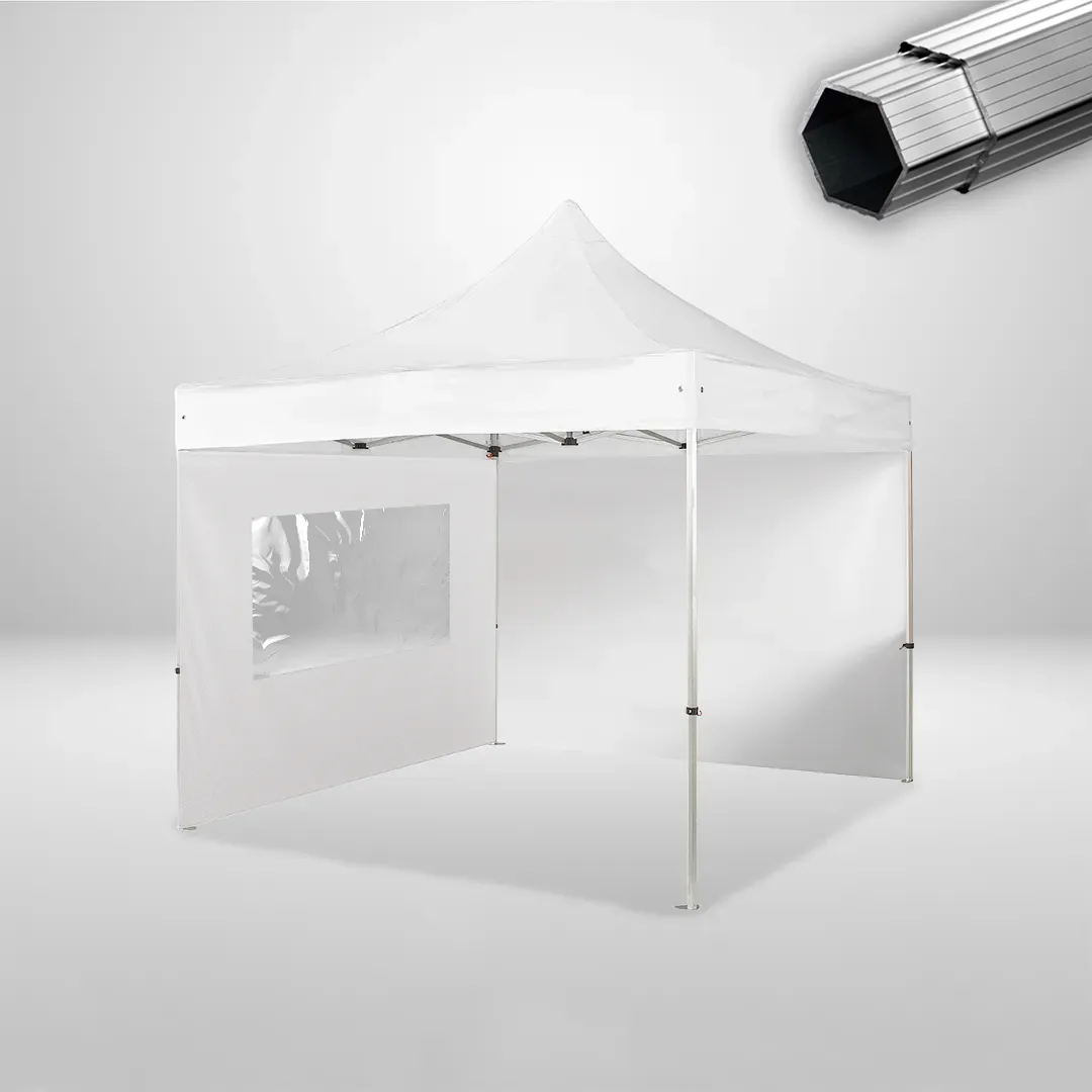 Carpa Plegable 3x3 m, Gama PLUS 45mm, 1 lateral liso y 1 lateral con ventana, blanco