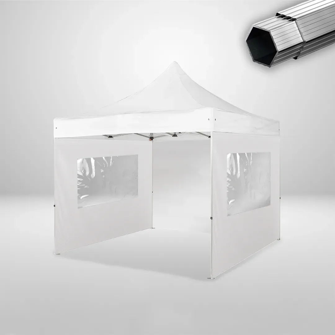 Carpa Plegable 3x3 m, Gama PLUS 45mm, 1 lateral liso y 2 laterales con ventanas, blanco