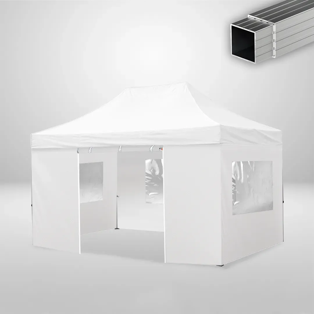 Carpa Plegable 3x4.5 m, Gama ECO 32mm, 3 laterales con ventanas y 1 lateral con puerta, blanco