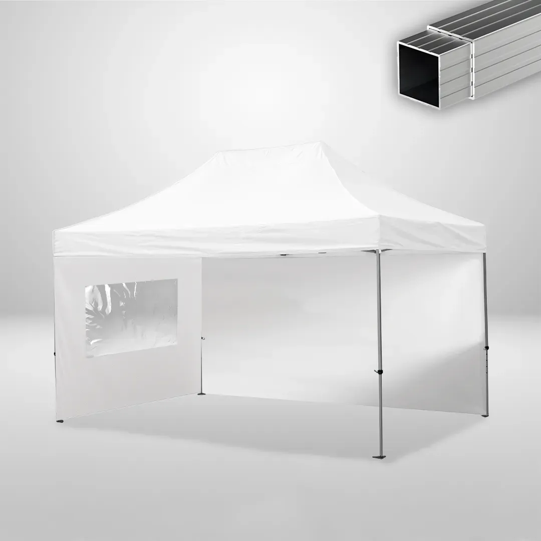Carpa Plegable 3x4.5 m, Gama ECO 32mm, 1 lateral liso y 1 lateral con ventana, blanco