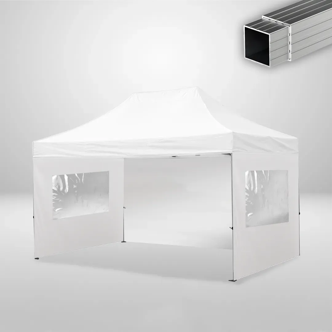 Carpa Plegable 3x4.5 m, Gama ECO 32mm, 1 lateral liso y 2 laterales con ventanas, blanco