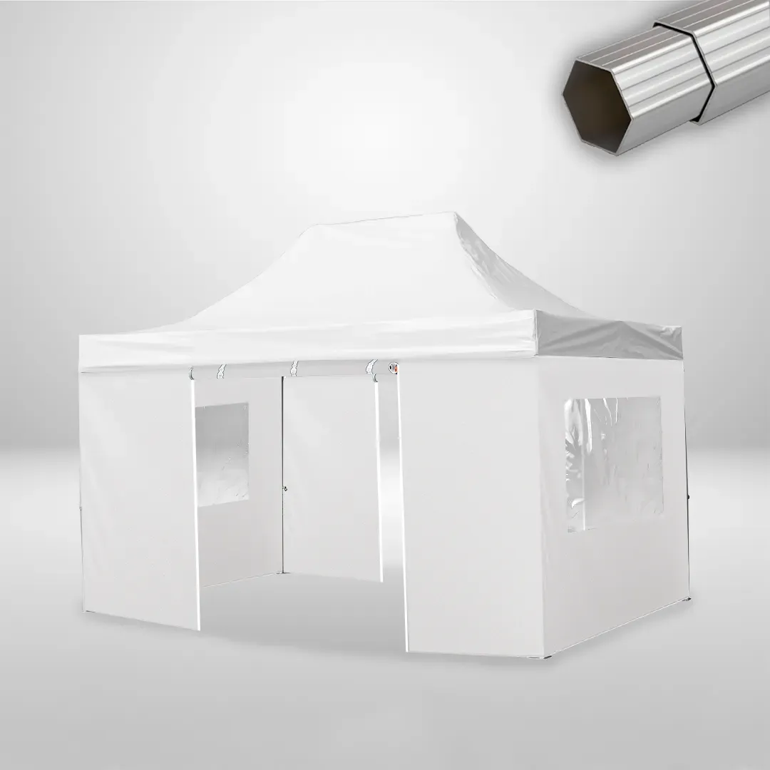 Carpa Plegable 3x4.5 m, Gama ELITE 57mm, 2 laterales con puerta y 2 laterales con ventanas, blanco