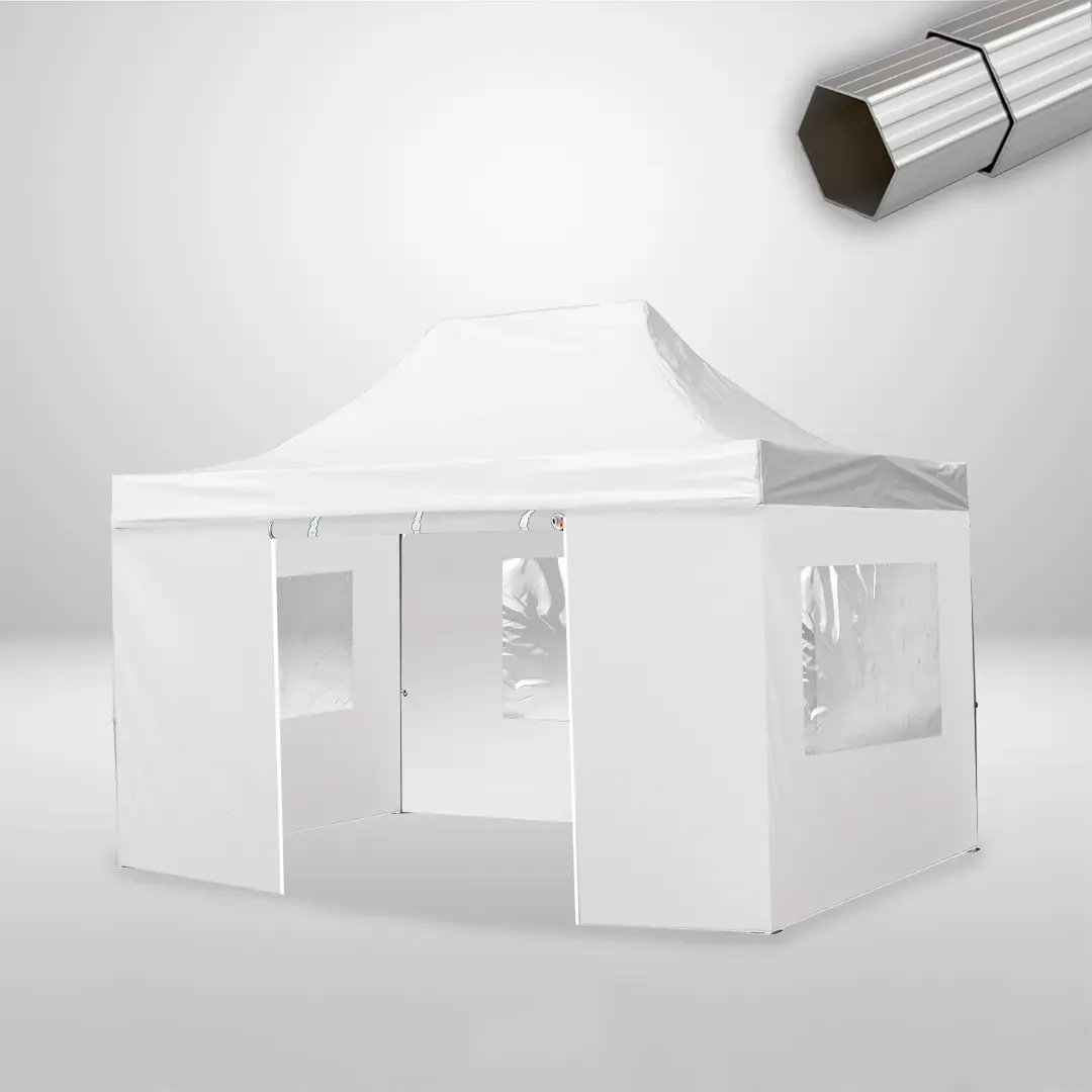 Carpa Plegable 3x4.5 m, Gama ELITE 57mm, 3 laterales con ventanas y 1 lateral con puerta, blanco