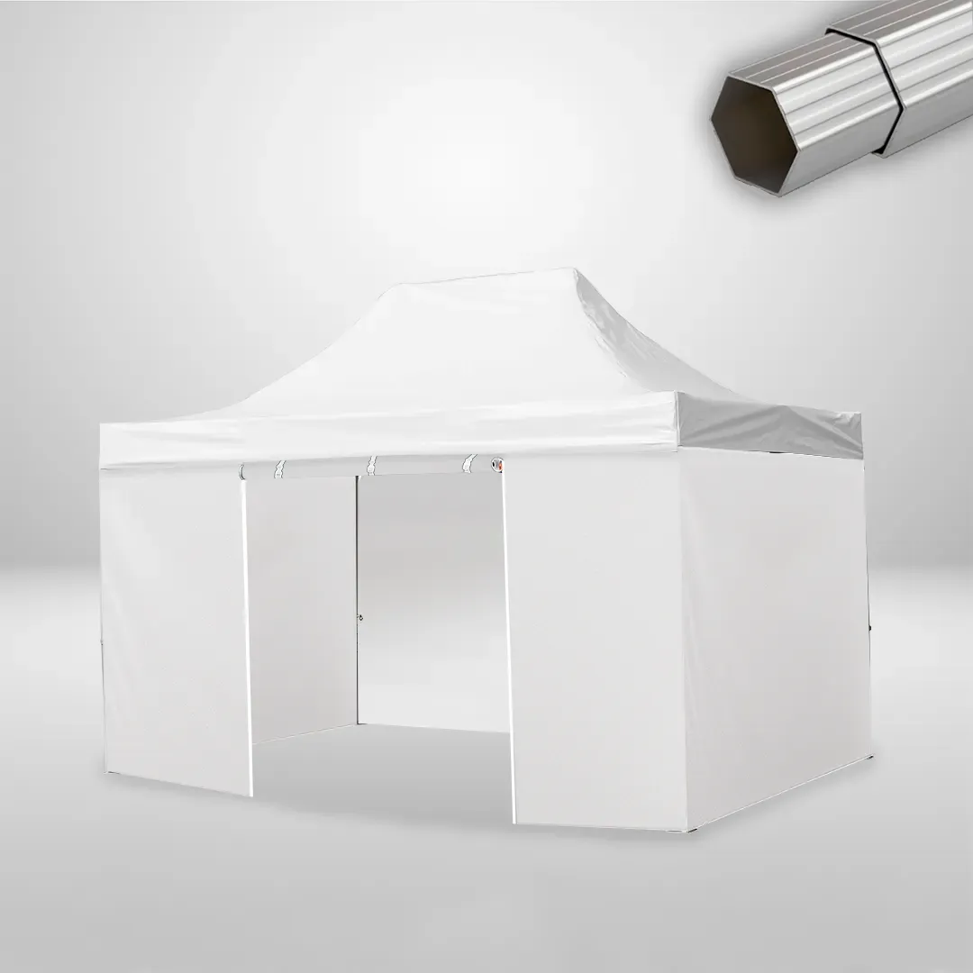 Carpa Plegable 3x4.5 m, Gama ELITE 57mm, 3 laterales lisos y 1 lateral con puerta, blanco