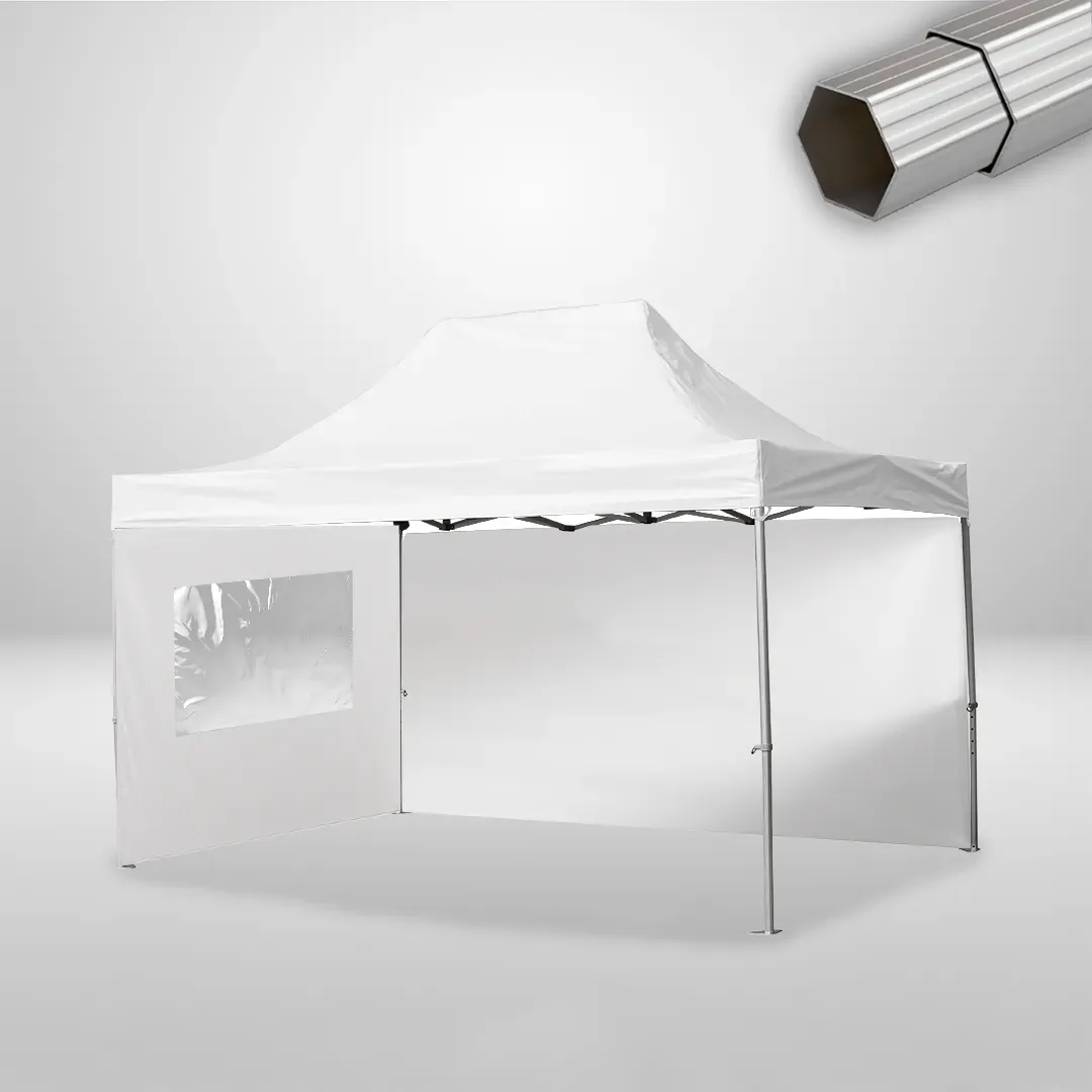 Carpa Plegable 3x4.5 m, Gama ELITE 57mm, 1 lateral liso y 1 lateral con ventana, blanco