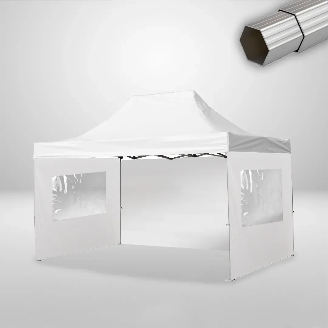 Carpa Plegable 3x4.5 m, Gama ELITE 57mm, 1 lateral liso y 2 laterales con ventanas, blanco