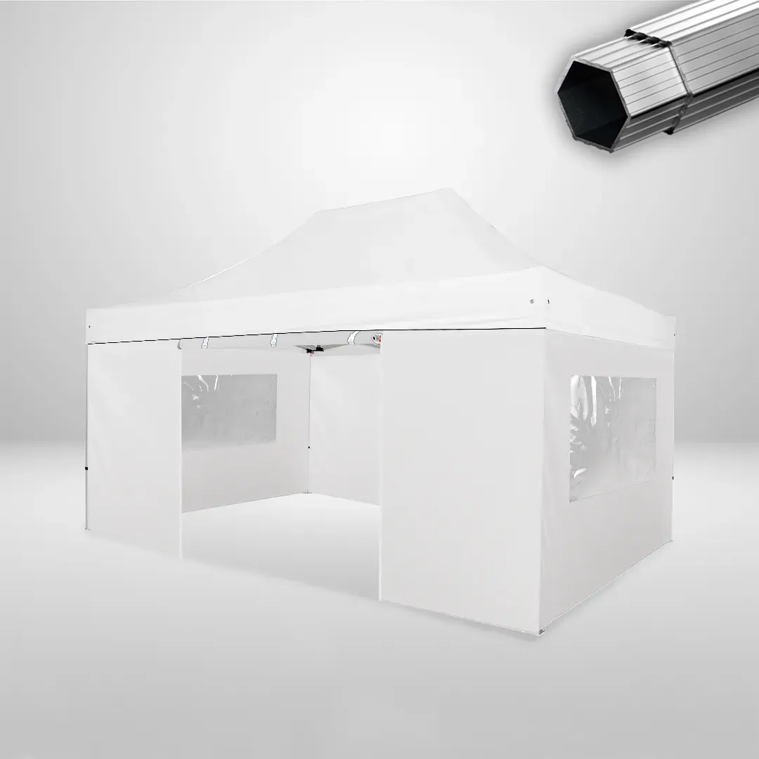 Carpa Plegable 3x4.5 m, Gama PLUS 45mm, 2 laterales con puerta y 2 laterales con ventanas, blanco