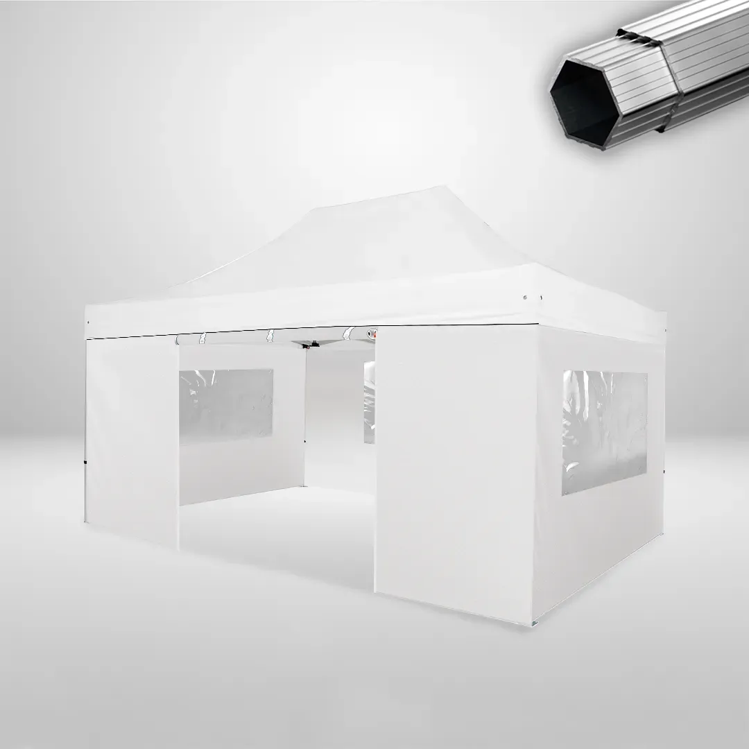Carpa Plegable 3x4.5 m, Gama PLUS 45mm, 3 laterales con ventanas y 1 lateral con puerta, blanco