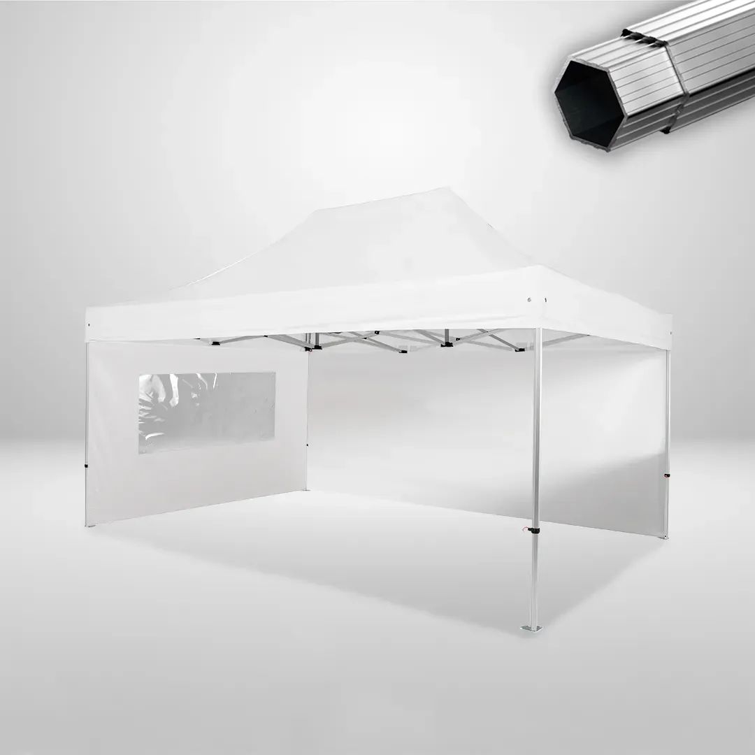 Carpa Plegable 3x4.5 m, Gama PLUS 45mm, 1 lateral liso y 1 lateral con ventana, blanco