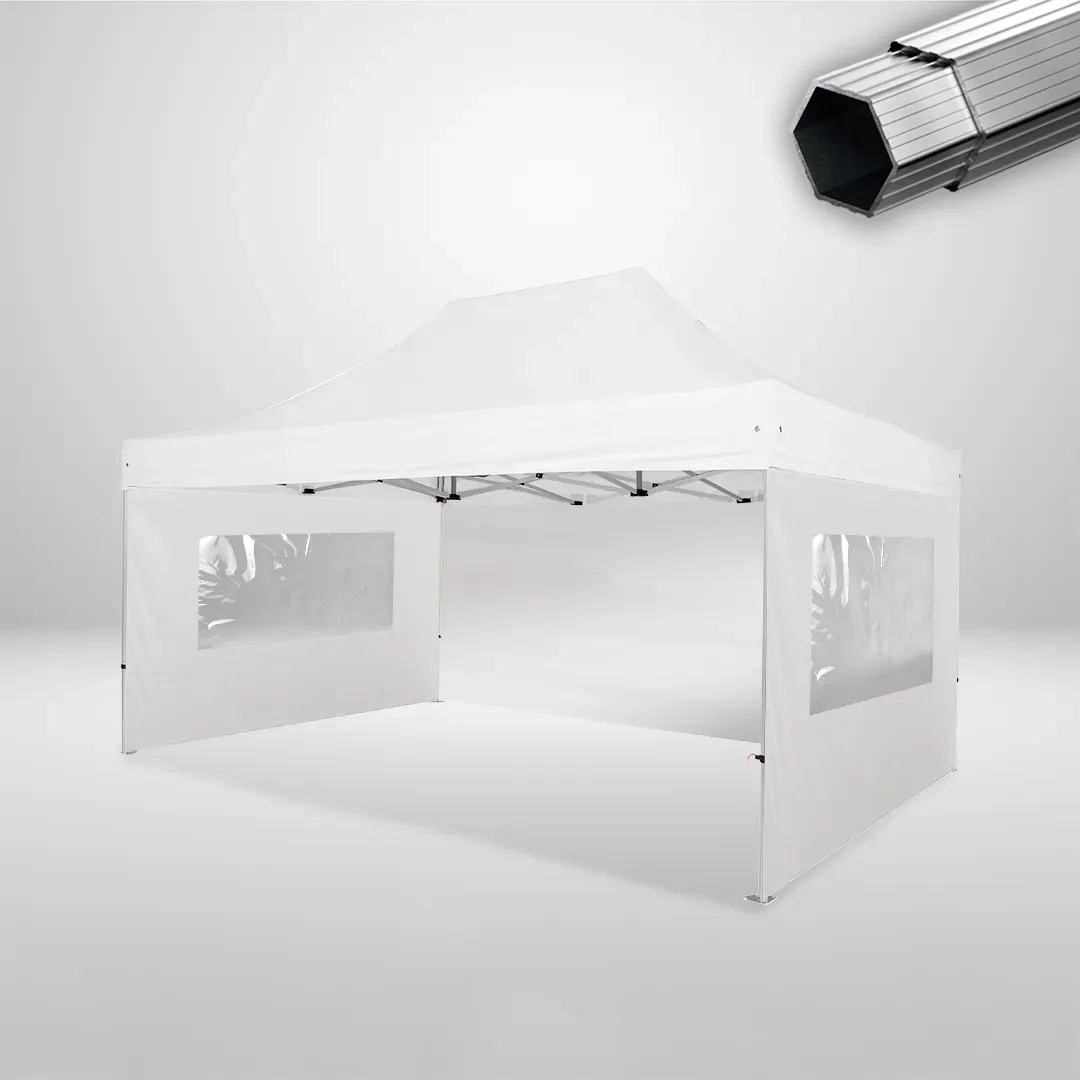 Carpa Plegable 3x4.5 m, Gama PLUS 45mm, 1 lateral liso y 2 laterales con ventanas, blanco
