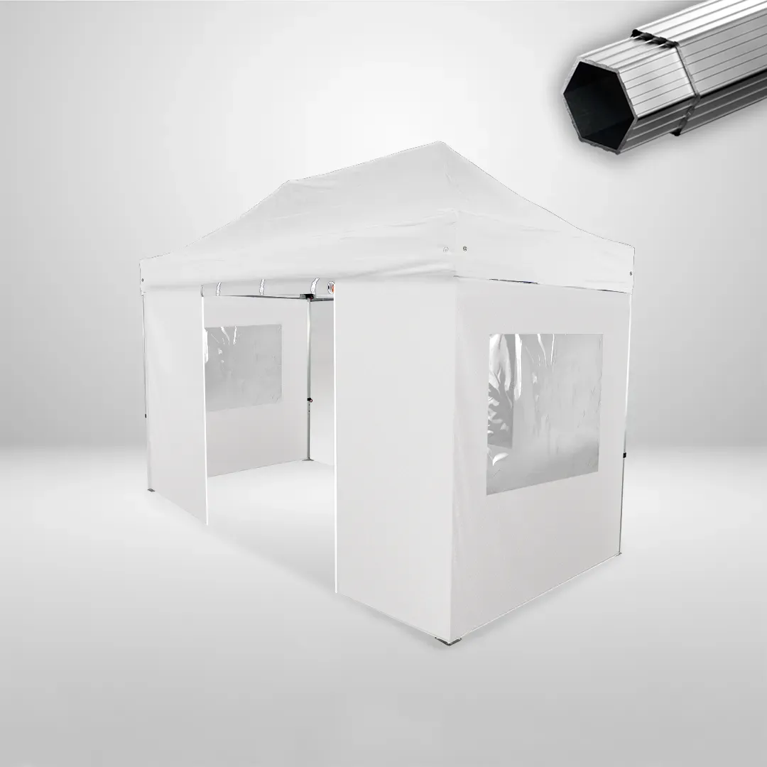 Carpa Plegable 4x2 m, Gama PLUS 45mm, 3 laterales con ventanas y 1 lateral con puerta, blanco