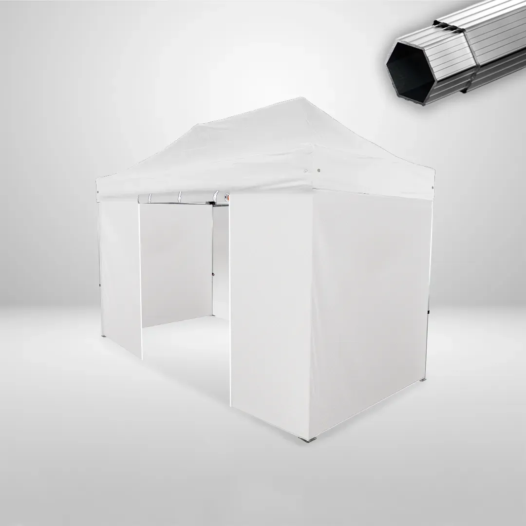Carpa Plegable 4x2 m, Gama PLUS 45mm, 3 laterales lisos y 1 lateral con puerta, blanco