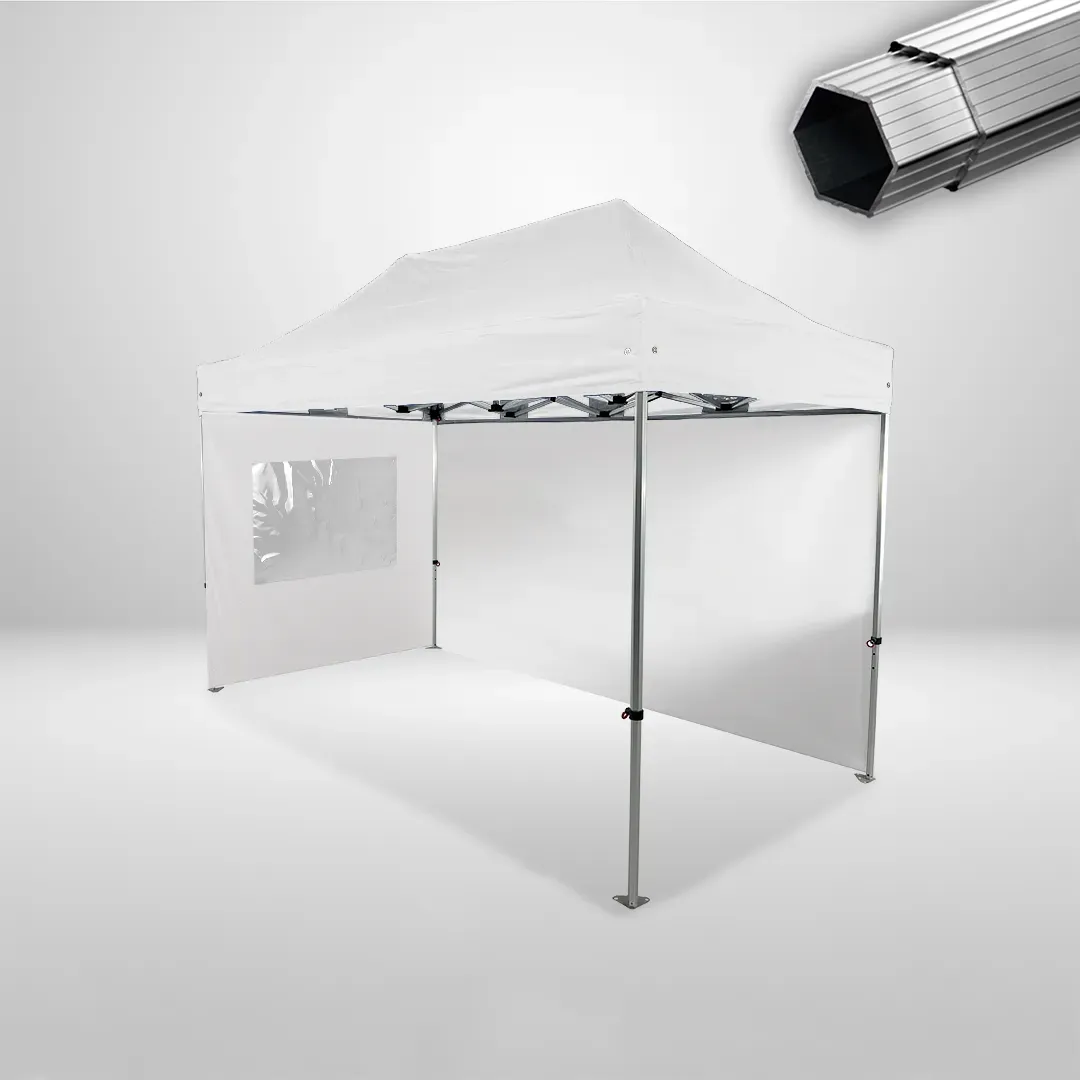 Carpa Plegable 4x2 m, Gama PLUS 45mm, 1 lateral liso y 1 lateral con ventana, blanco