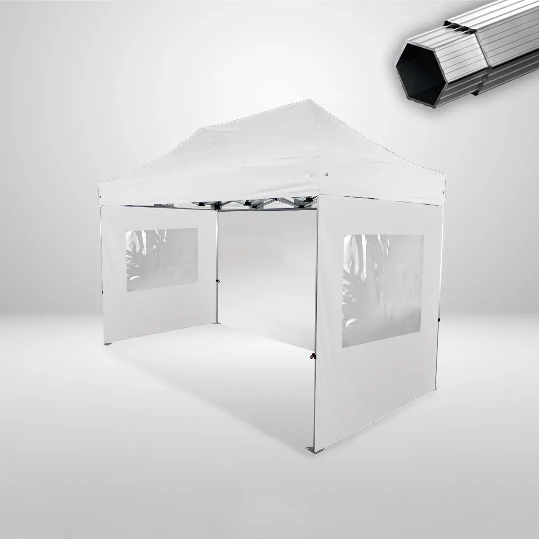 Carpa Plegable 4x2 m, Gama PLUS 45mm, 1 lateral liso y 2 laterales con ventanas, blanco
