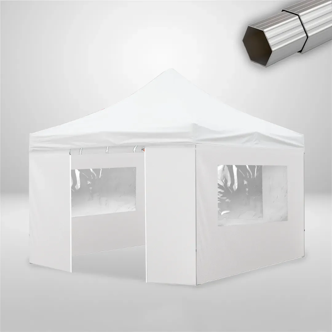 Carpa Plegable 4x4 m, Gama ELITE 57mm, 3 laterales con ventanas y 1 lateral con puerta, blanco