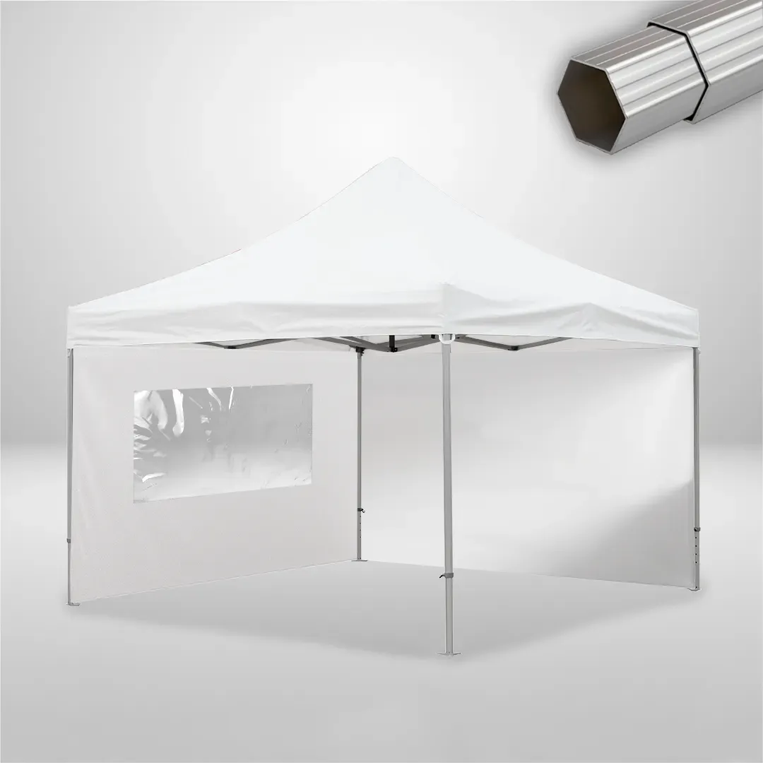 Carpa Plegable 4x4 m, Gama ELITE 57mm, 1 lateral liso y 1 lateral con ventana, blanco